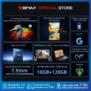 BMAX i13 Tablet แท็บเล็ต 13.3" Octa-Core T7255 18GB+128GB รองรับปากกา Paper-like PC Mode 12000 mAh 18W Fastcharge ประกันในไทย ส่งจากไทย